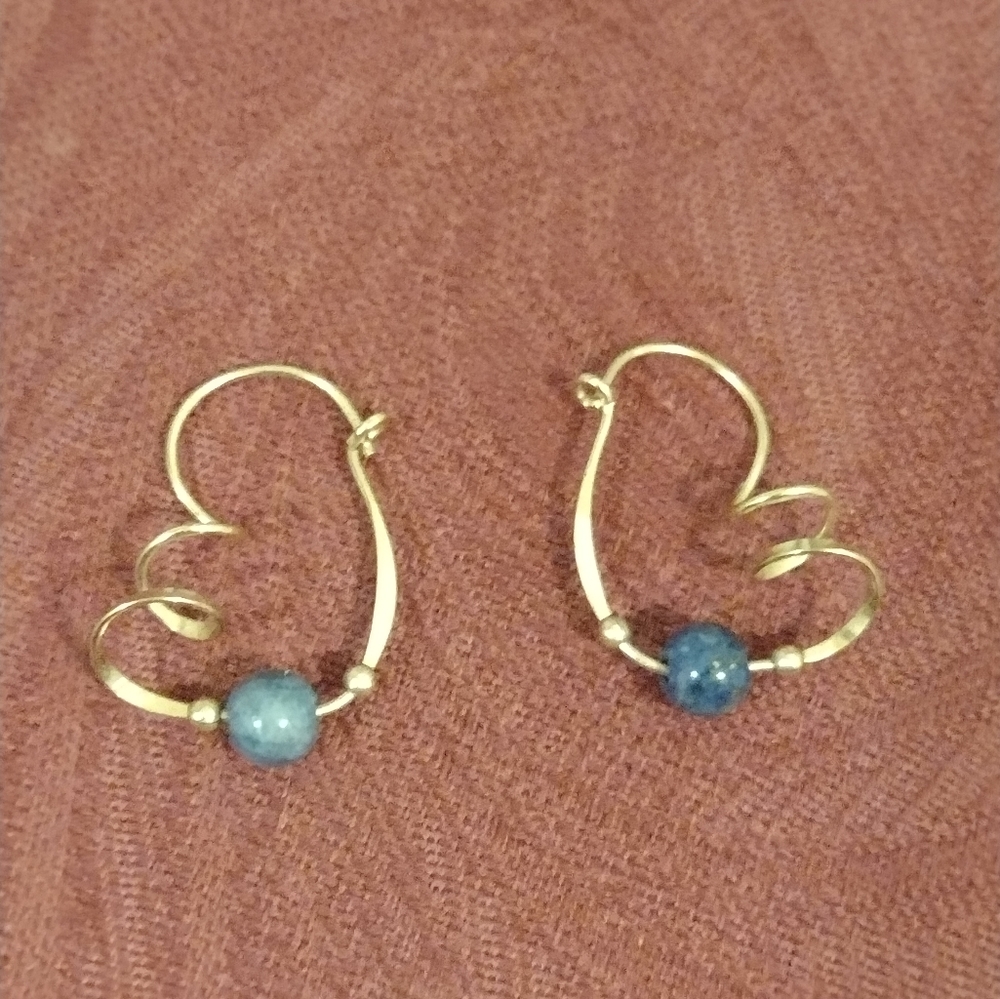 Vintage Gold and Lapis Spiral Hoop Earrings